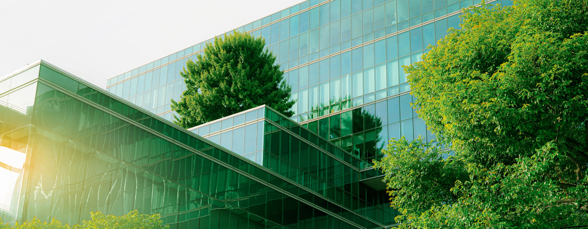 Auf diesem Titelbild vom Blogbeitrag "Nachhaltigkeit und Klimaschutz in Gesundheitseinrichtungen" sehen Sie ein Gebäude umgeben von vielen grünen Bäumen.